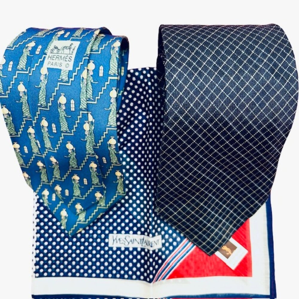 Set Necktie Silk : Hermes Paris & Les Mues Paris Blue + YSL Handkerchief 16"(48 - Picture 3 of 15